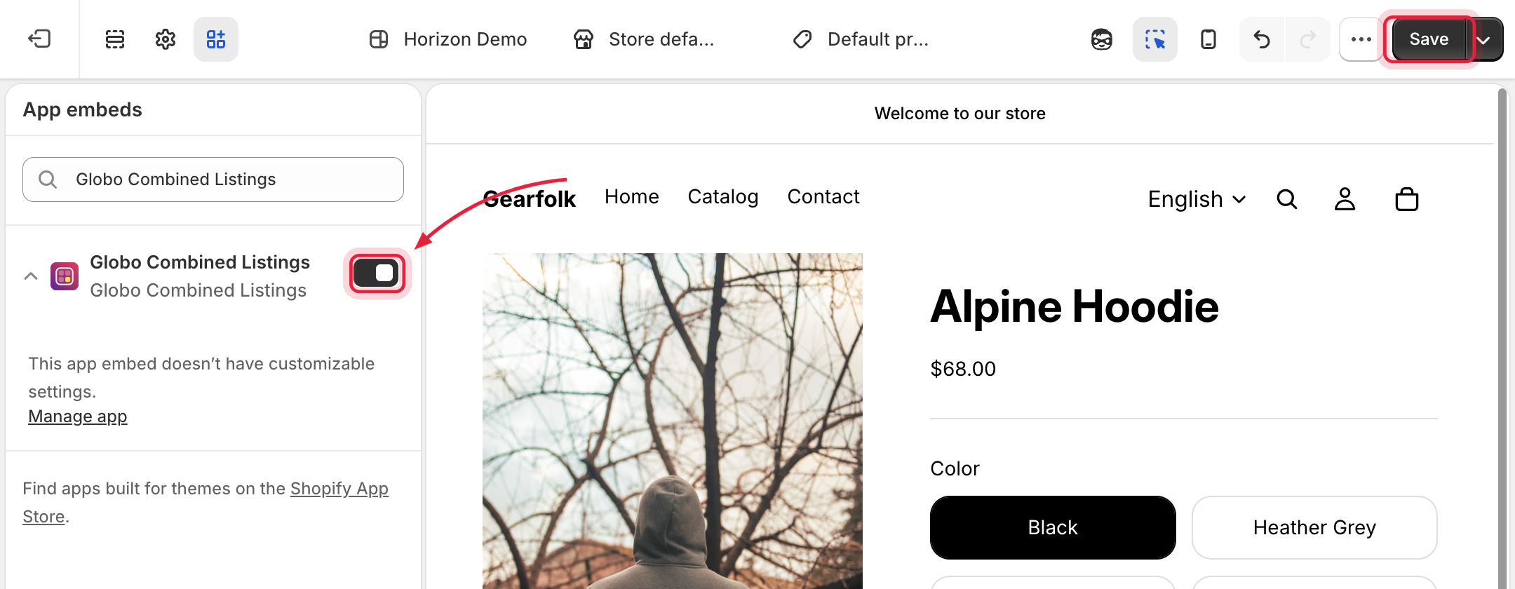 Theme editor App embeds panel with the Combined Listings toggle switched on