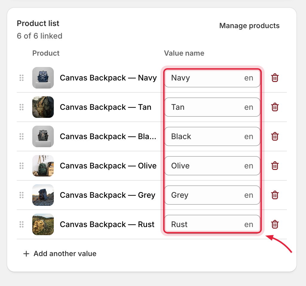 Product list with a value assigned to each row