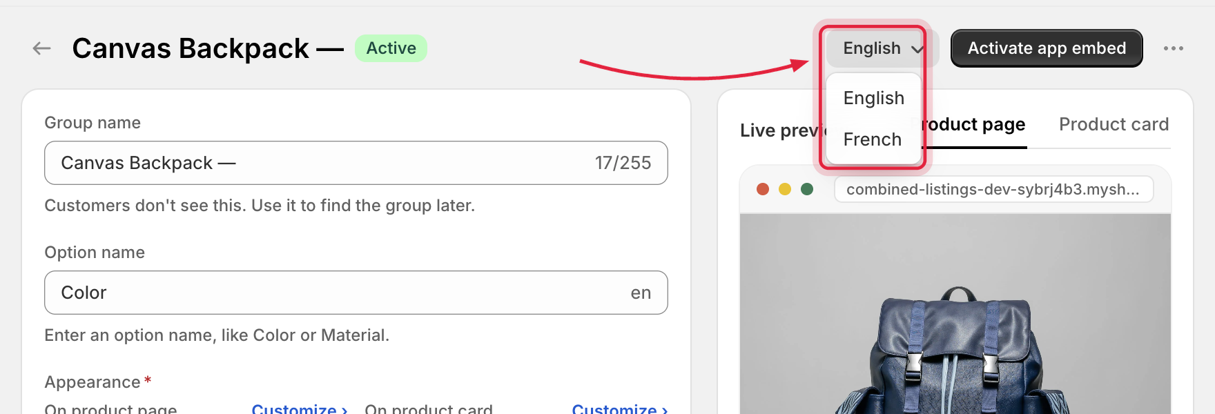 Group editor with the Storefront language menu open, listing English and French
