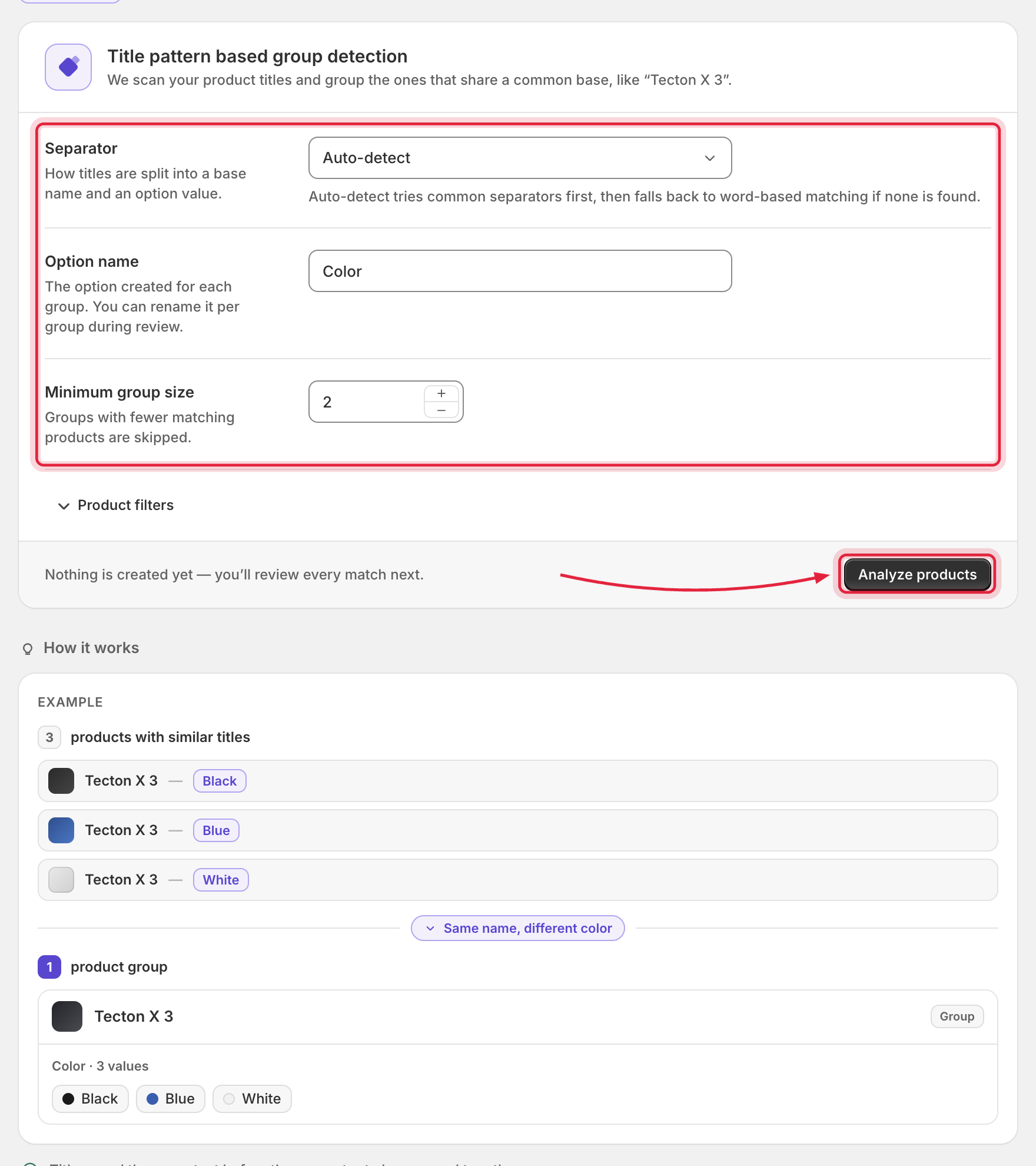 Title pattern detection settings form with the How it works panel