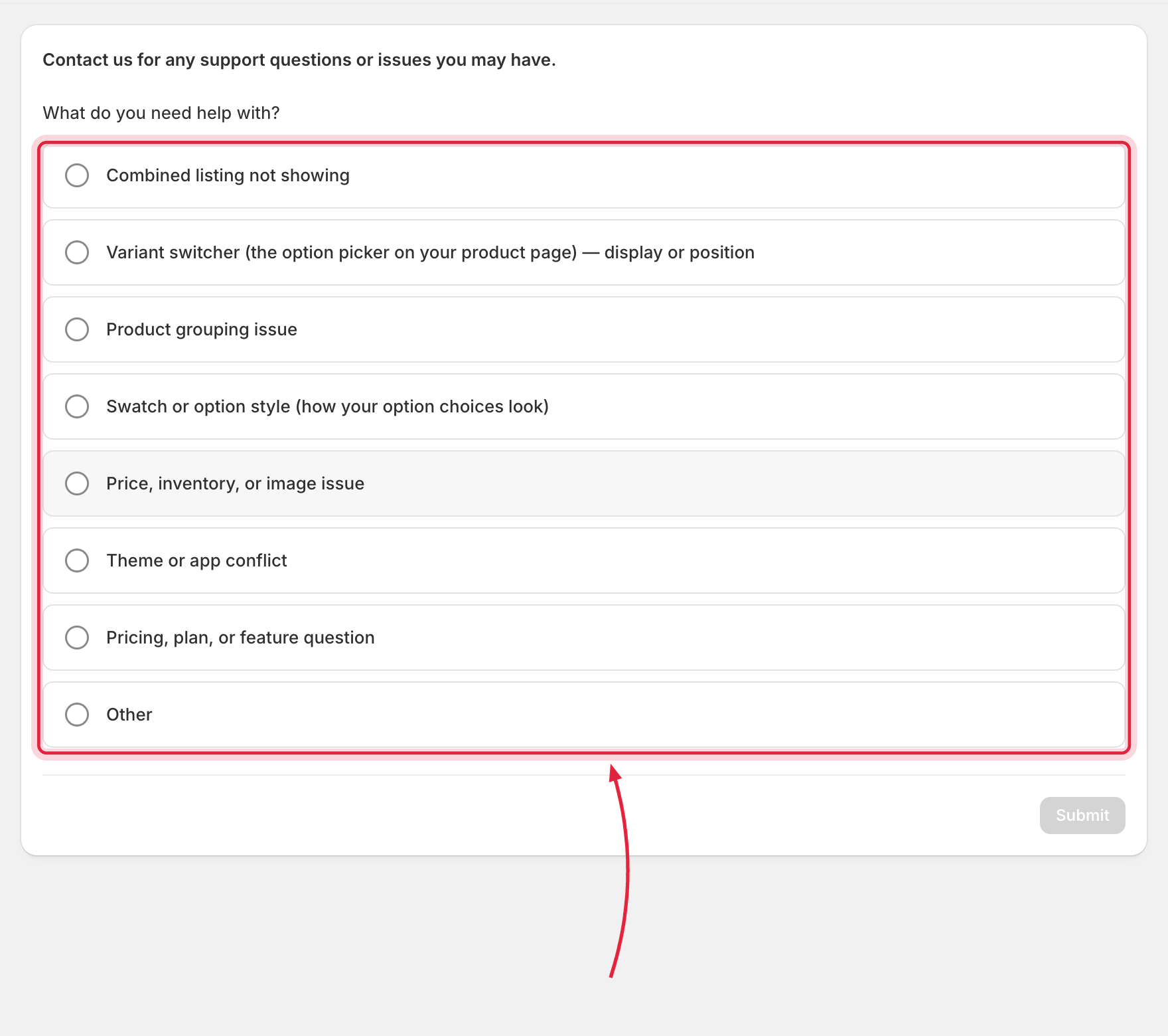Contact page topic picker for support requests