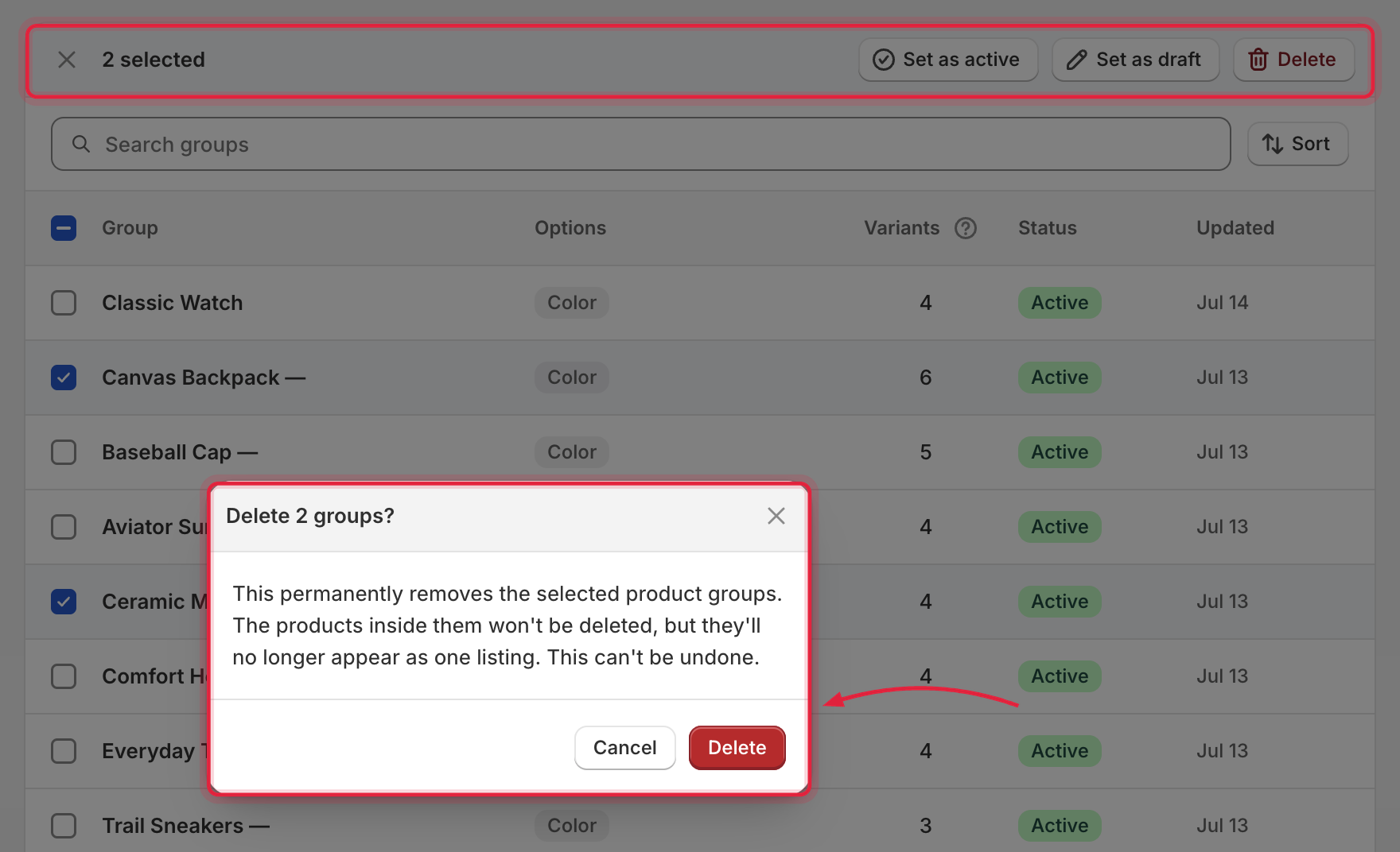 Bulk action bar with the delete confirmation modal open