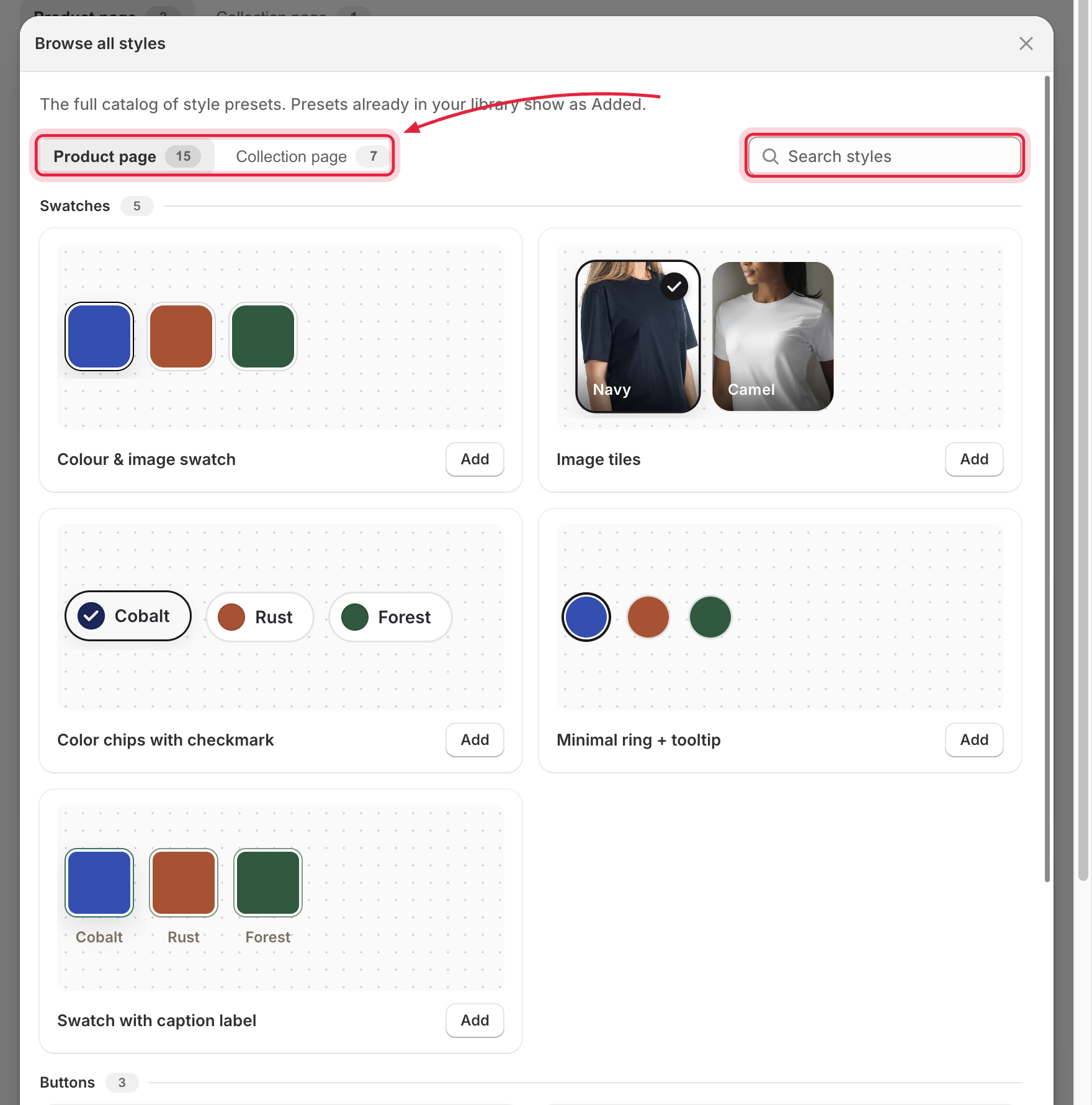 Grid of style template thumbnails including swatches and buttons