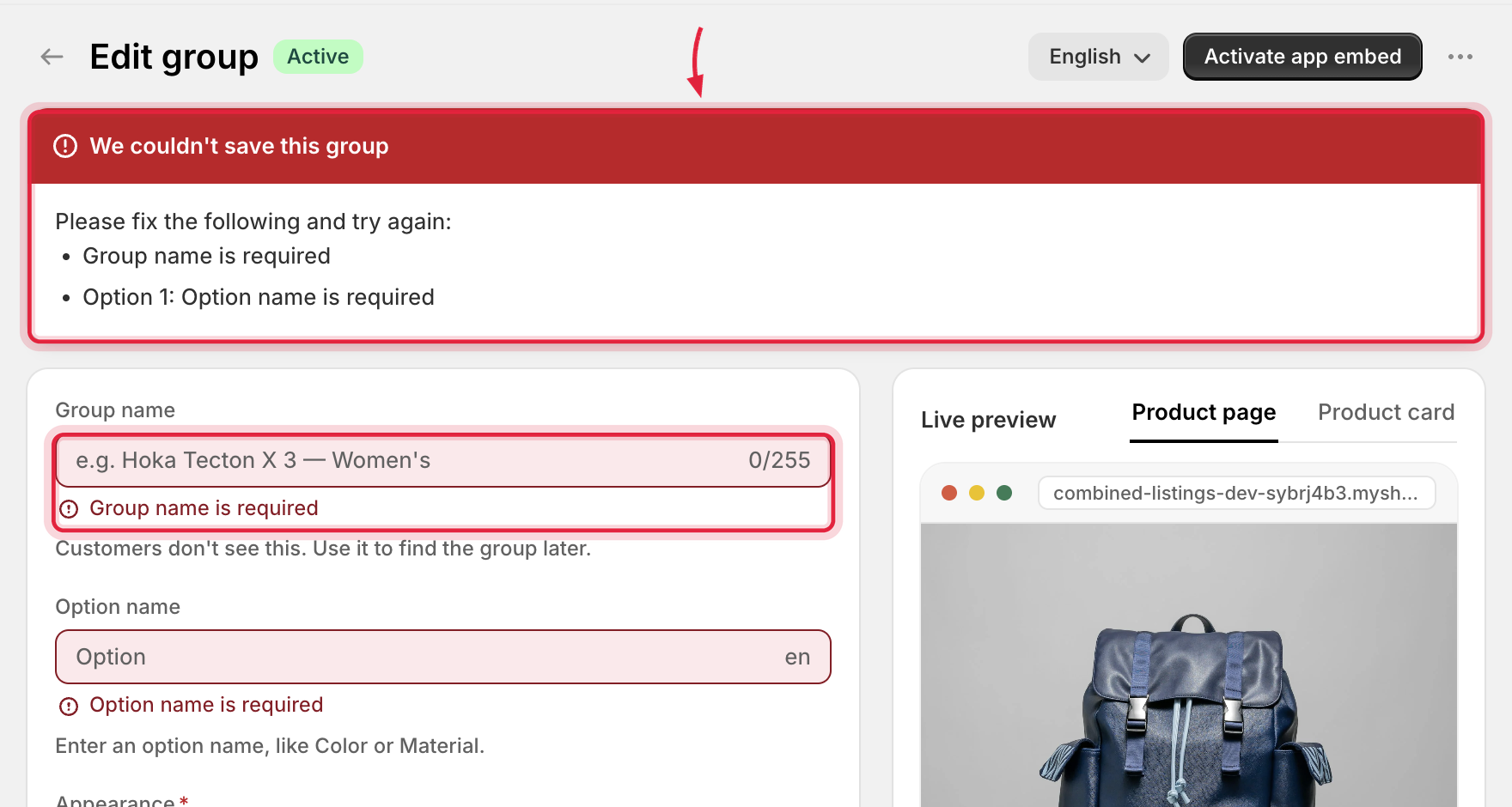 Group editor validation banner with an inline field error
