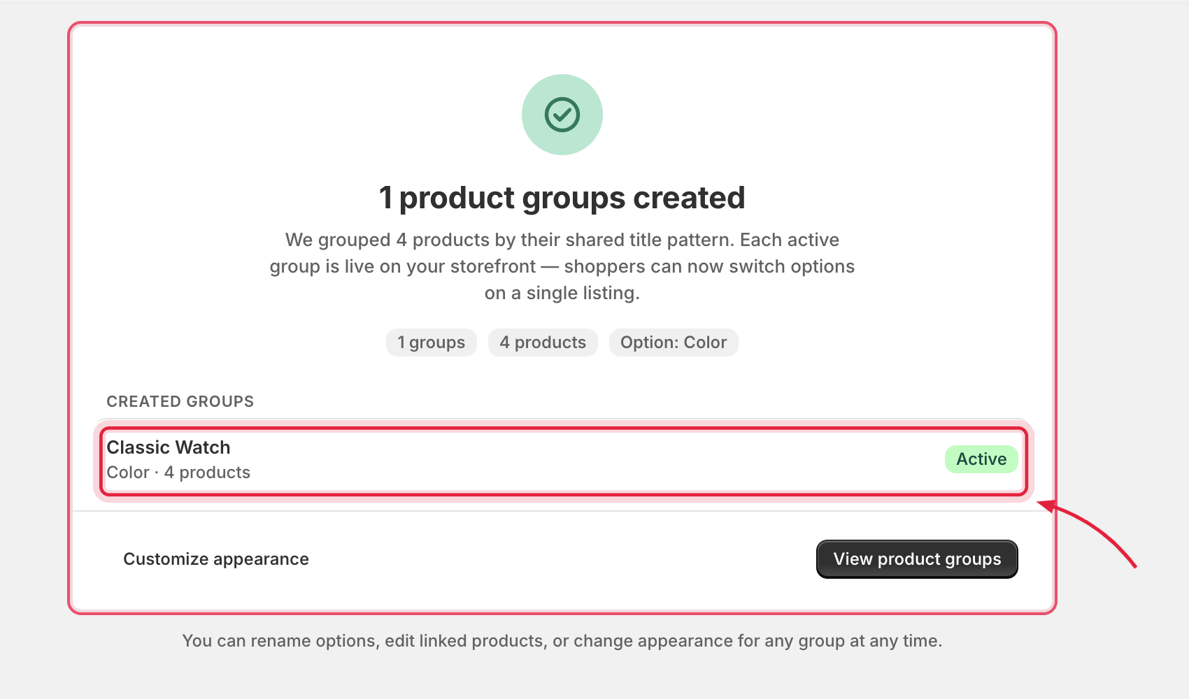 Completion screen with created-group statistics