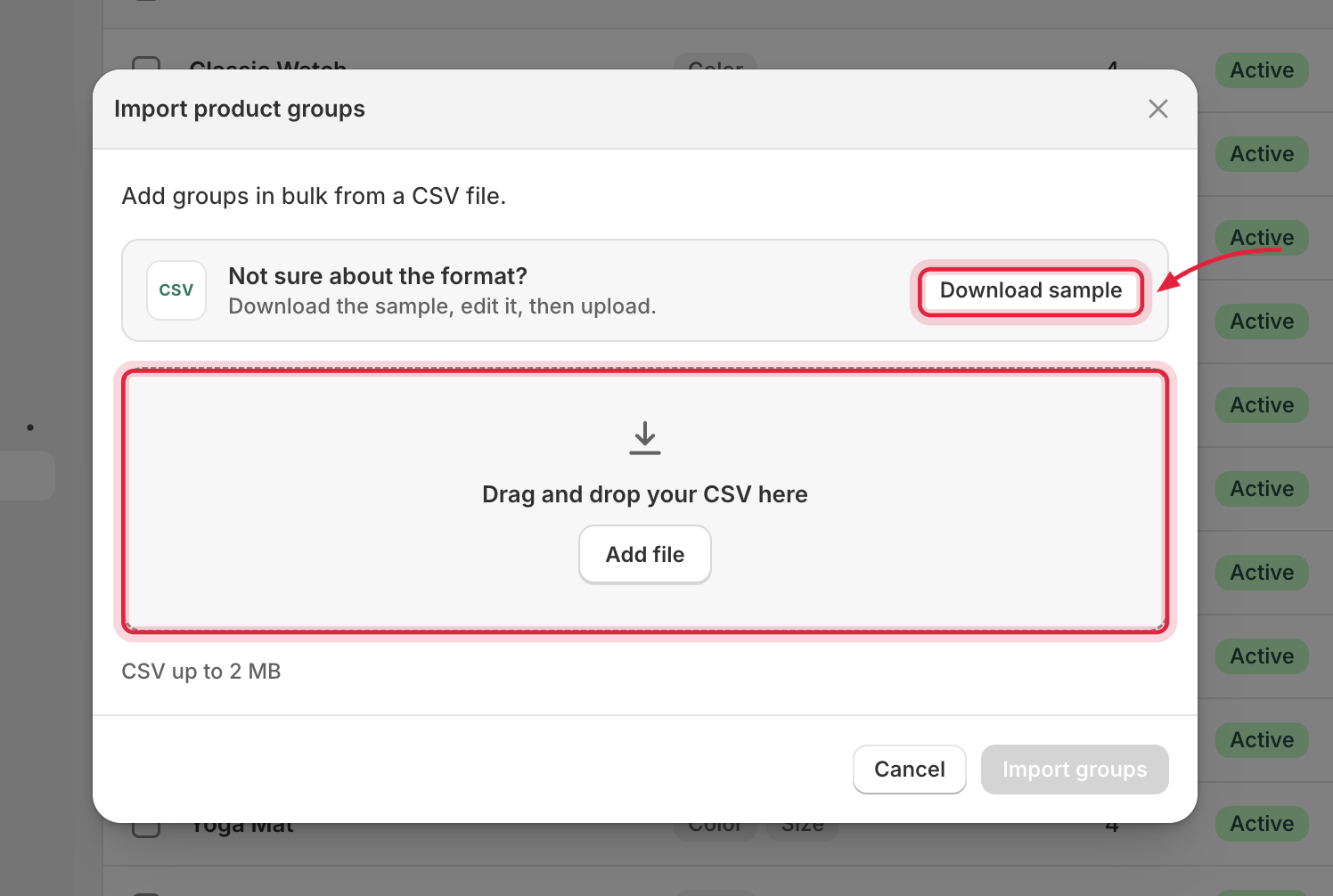 Import product groups modal with a CSV drop zone