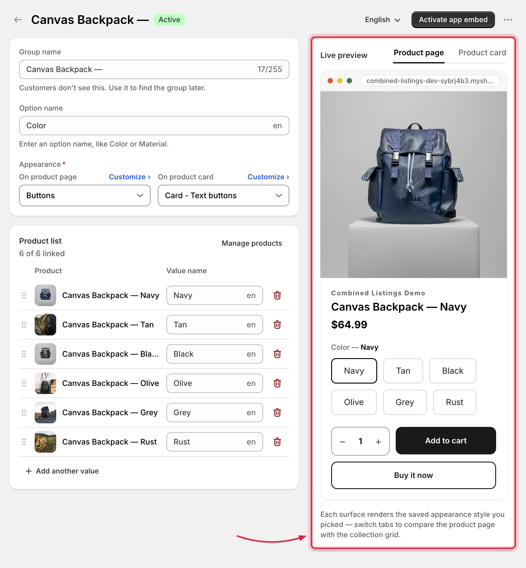 Group editor showing the option card and a product row for each linked product