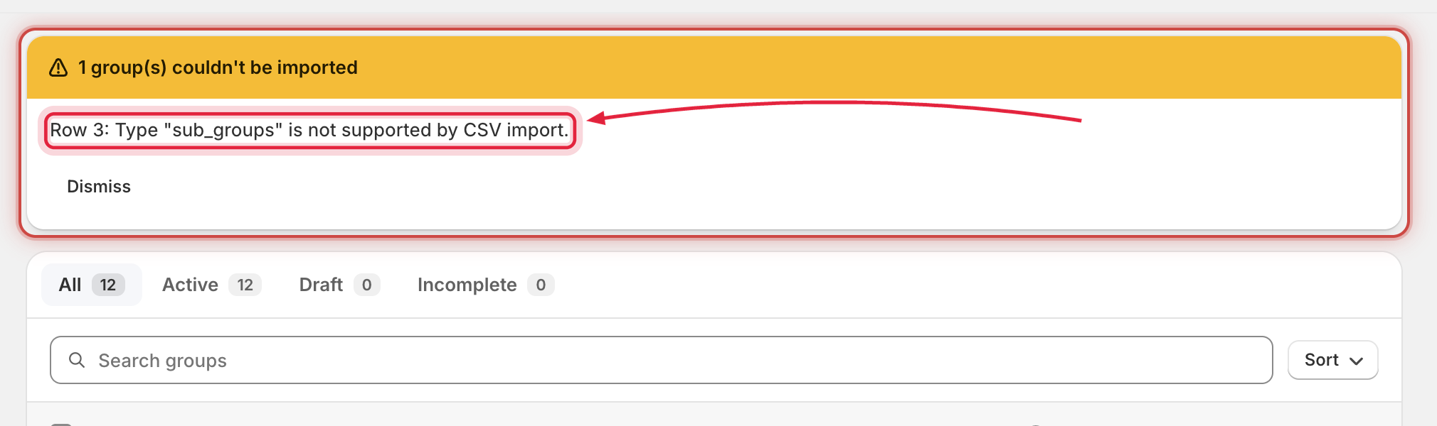 Import result banner reporting one group that couldn't be imported, with a per-row error message