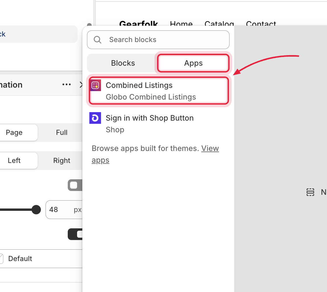 Theme editor Add block menu with Combined Listings highlighted in the Apps list