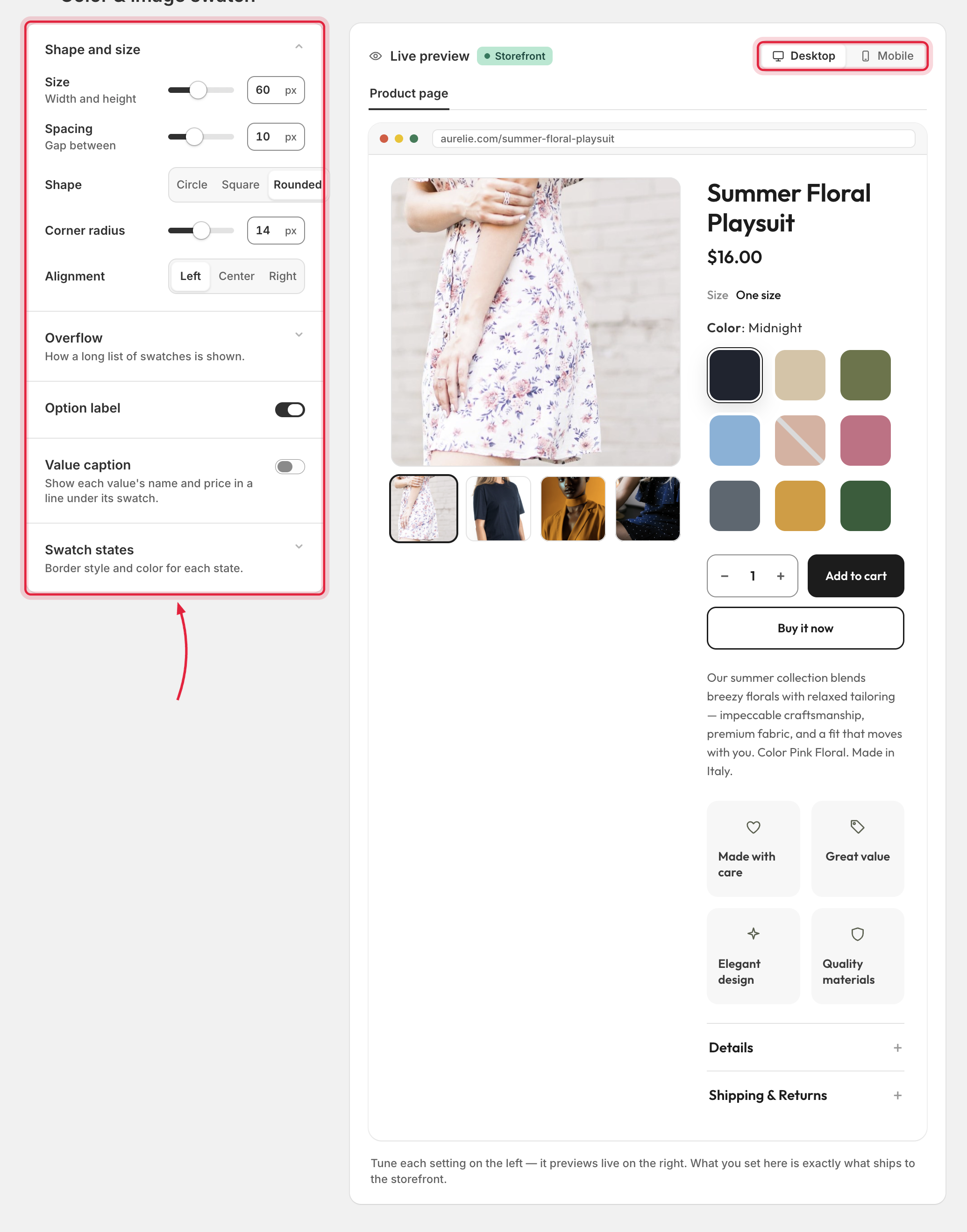 Style editor with controls panel on the left and live preview on the right