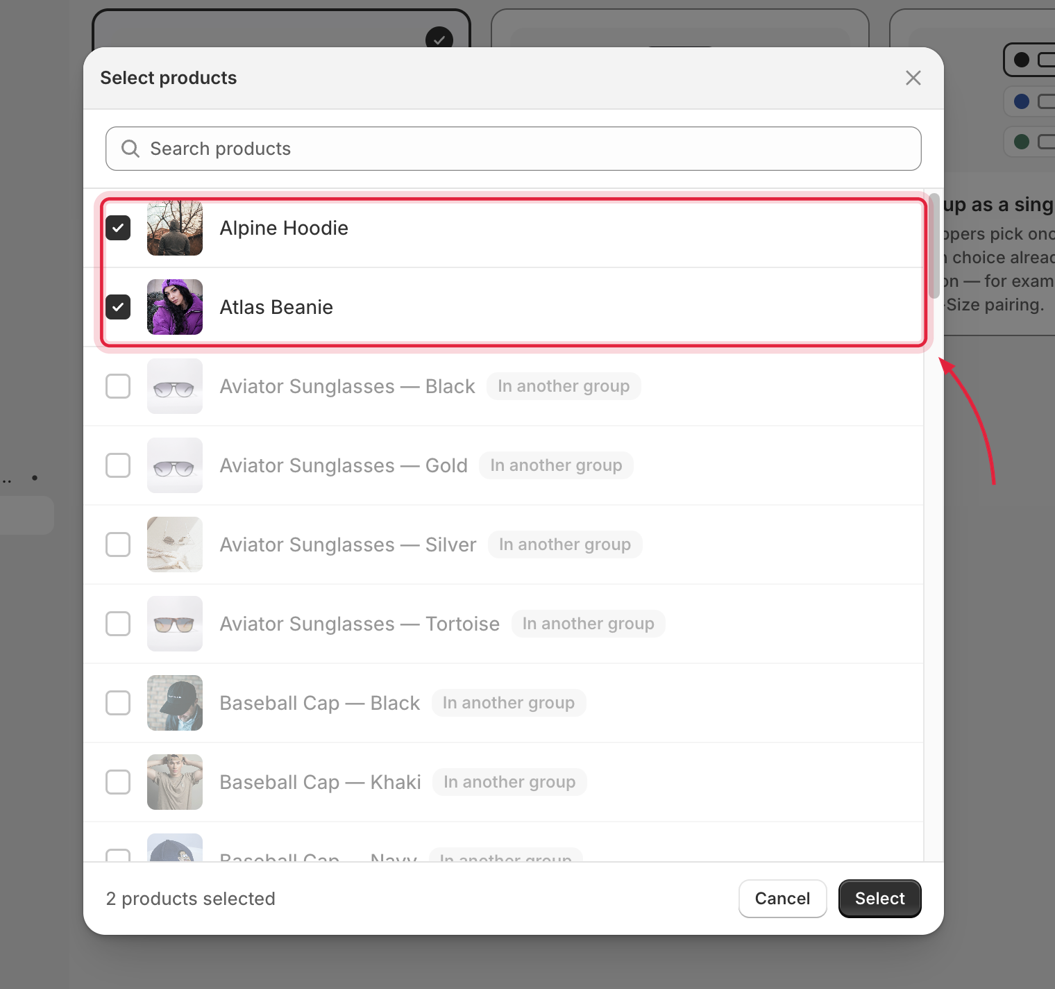 Product picker with two products selected