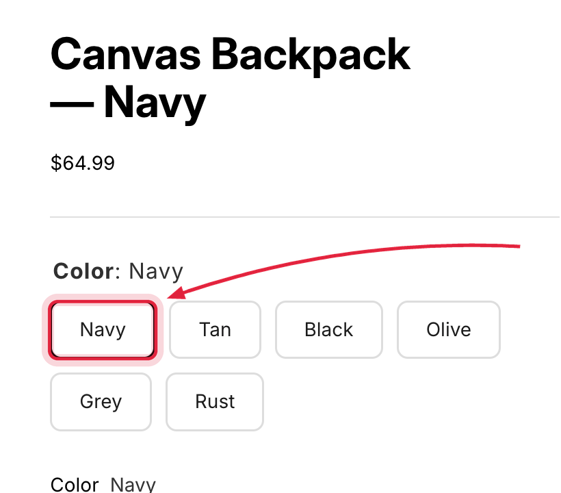 Storefront product page widget below the price with one value selected