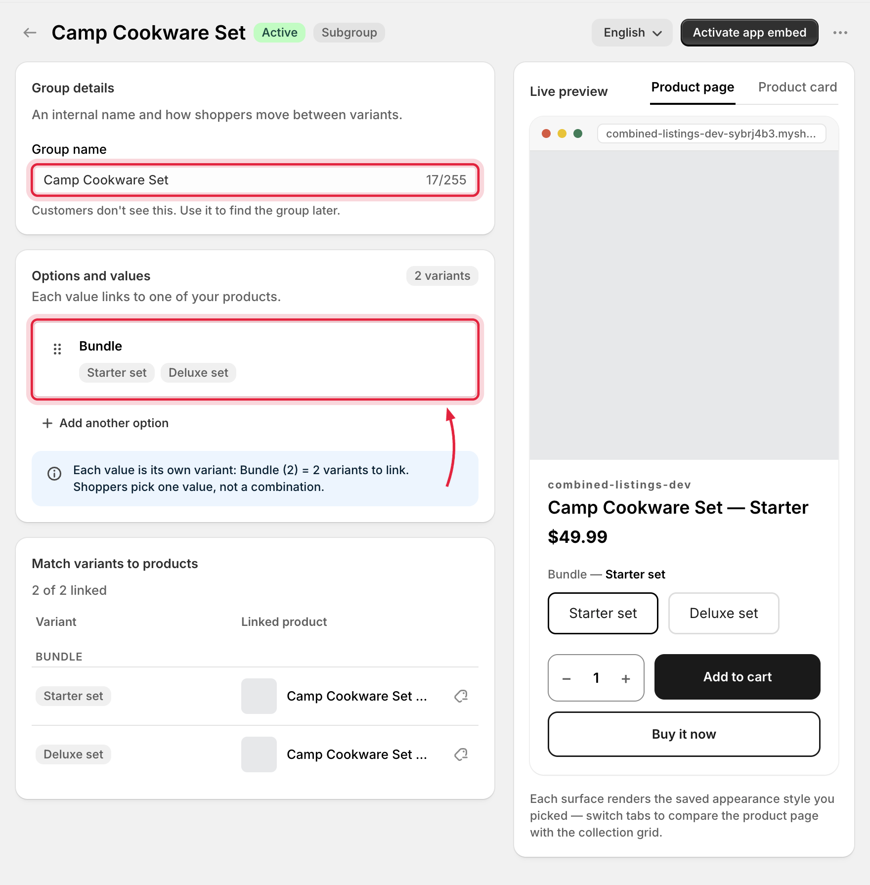 Single-choice group editor showing the group name and Bundle option with two values