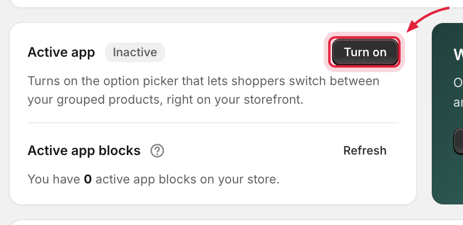 App Home page status card with the Turn on button