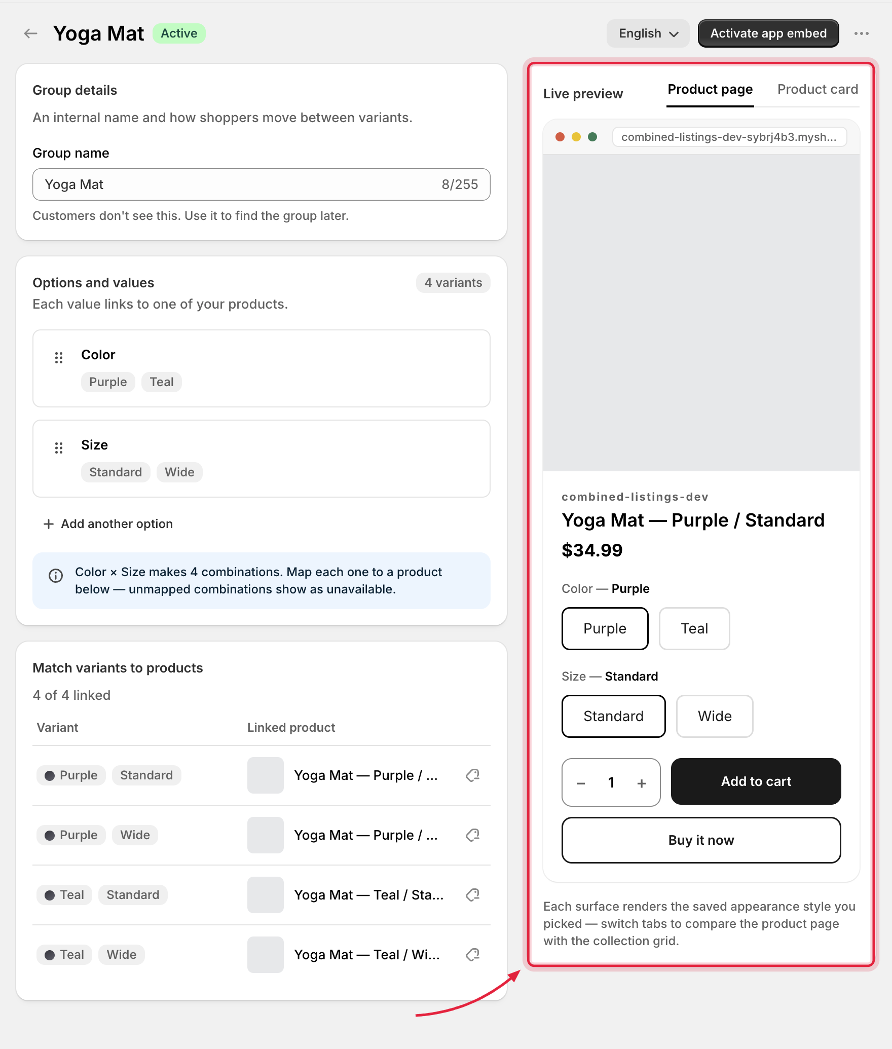 Multiple-options group editor with the live preview panel on the right