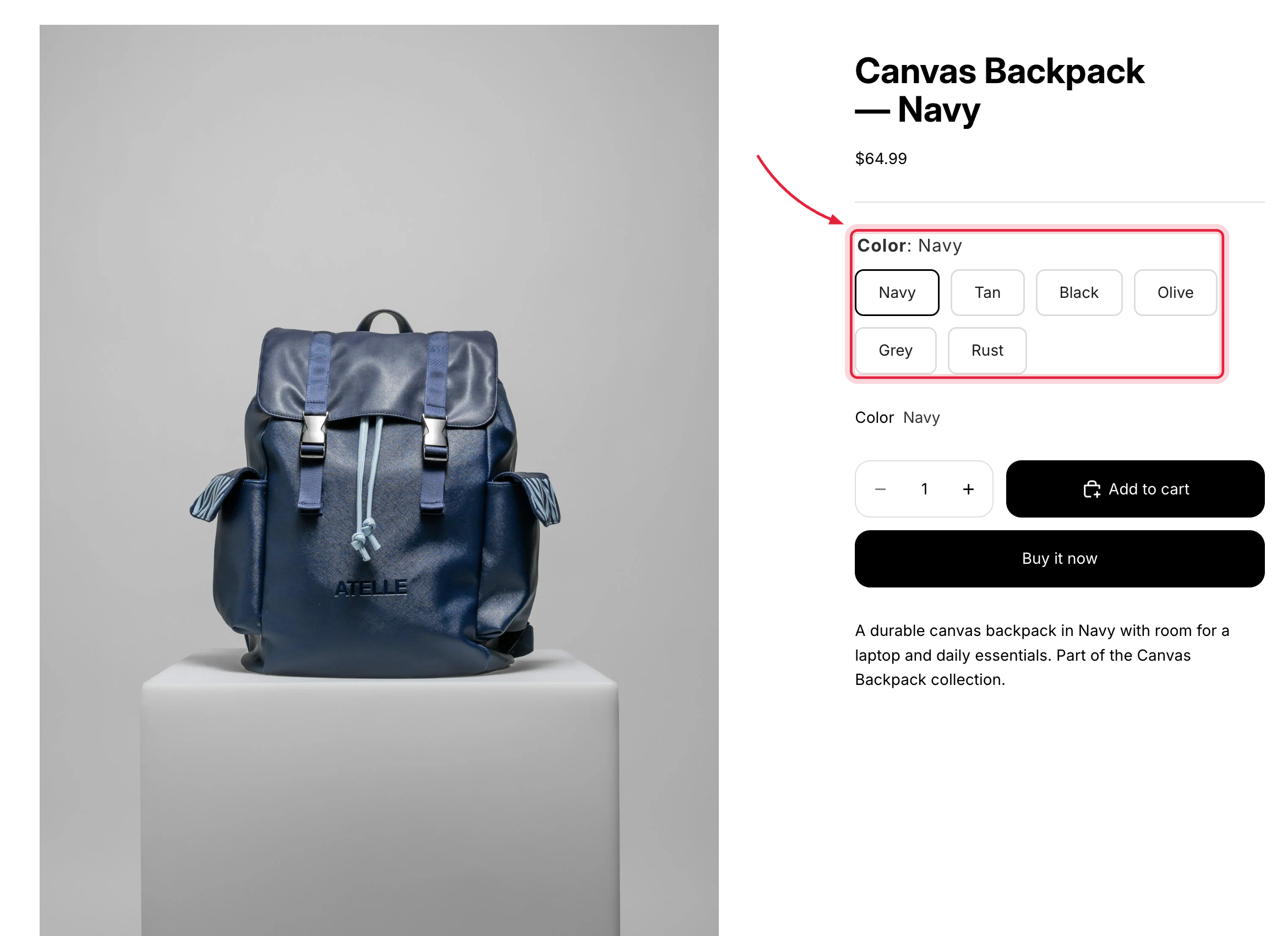 Storefront product page showing a color swatch widget that switches between three linked products