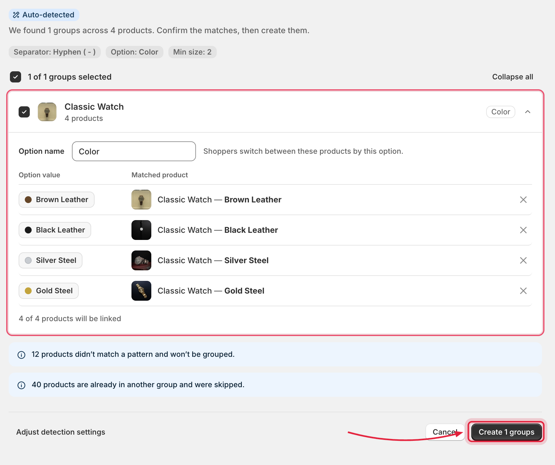 Review list showing detected groups across multiple products