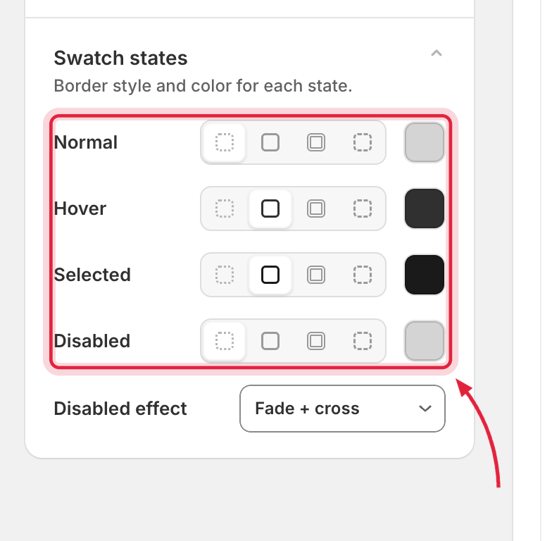 Swatch states matrix showing Normal, Hover, Selected, and Disabled