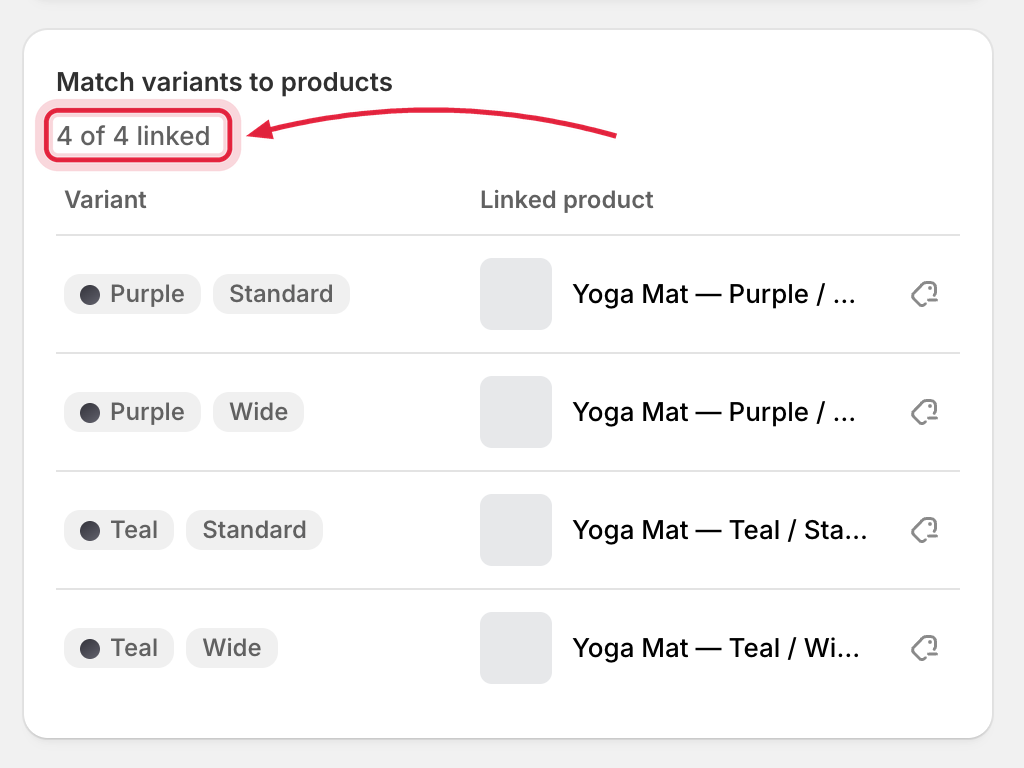 Match variants to products section with one variant combination unlinked
