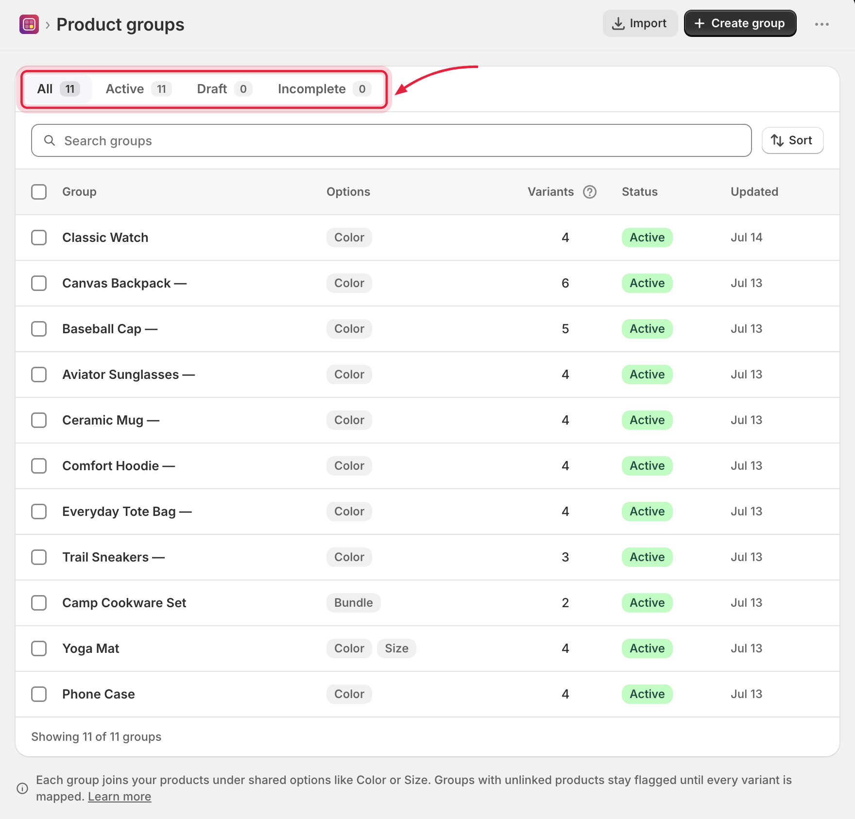 Groups index with status tabs, search, and a CSV import option